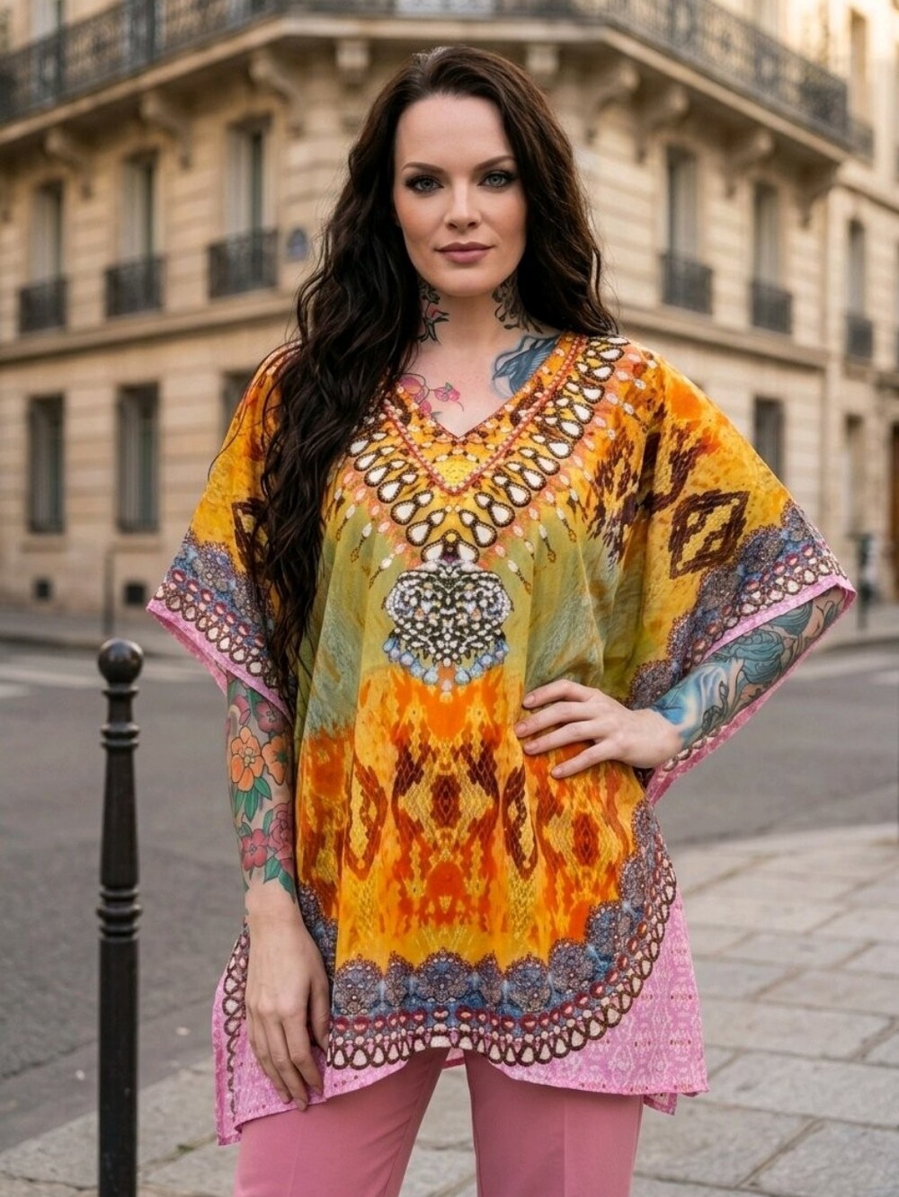 Artisan Formal Georgette Kaftan Baroque Snake Print Stone Embellished Top Sz OS